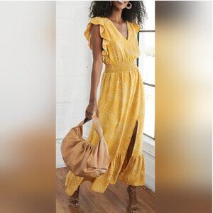 Express Women's Flutter V-Neck Flowy Maxi Dress Mustard Yellow Polka Dot Medium